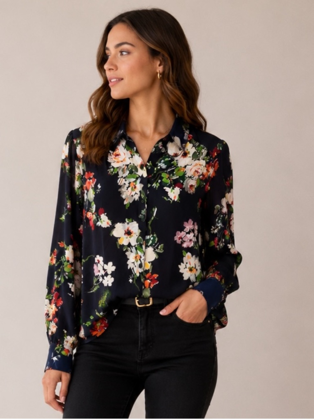 The Great. Silk Floral Blouse Size 1 Navy Dark Floral Button Front 100% Silk